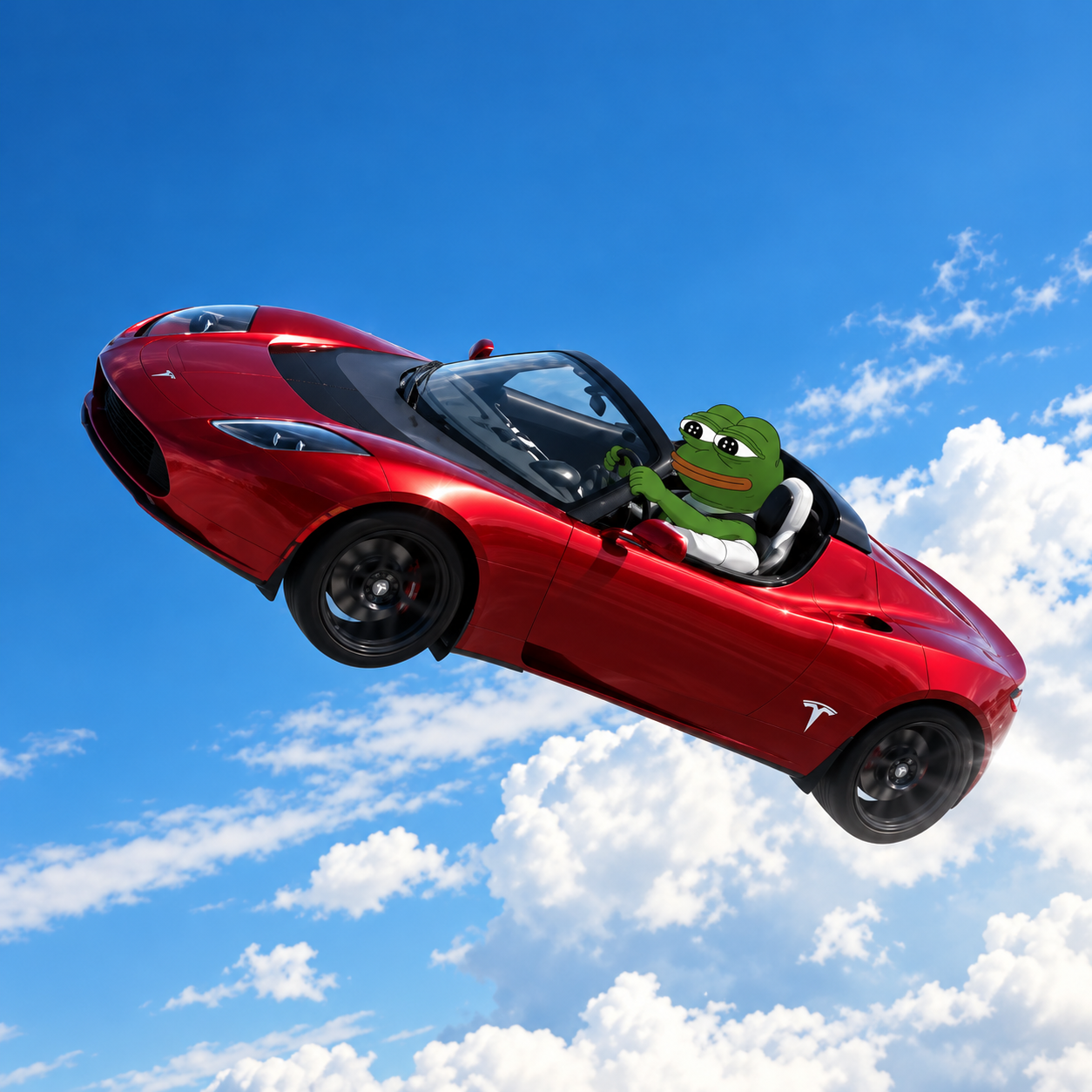 Pepe flying a red roadster above the clouds